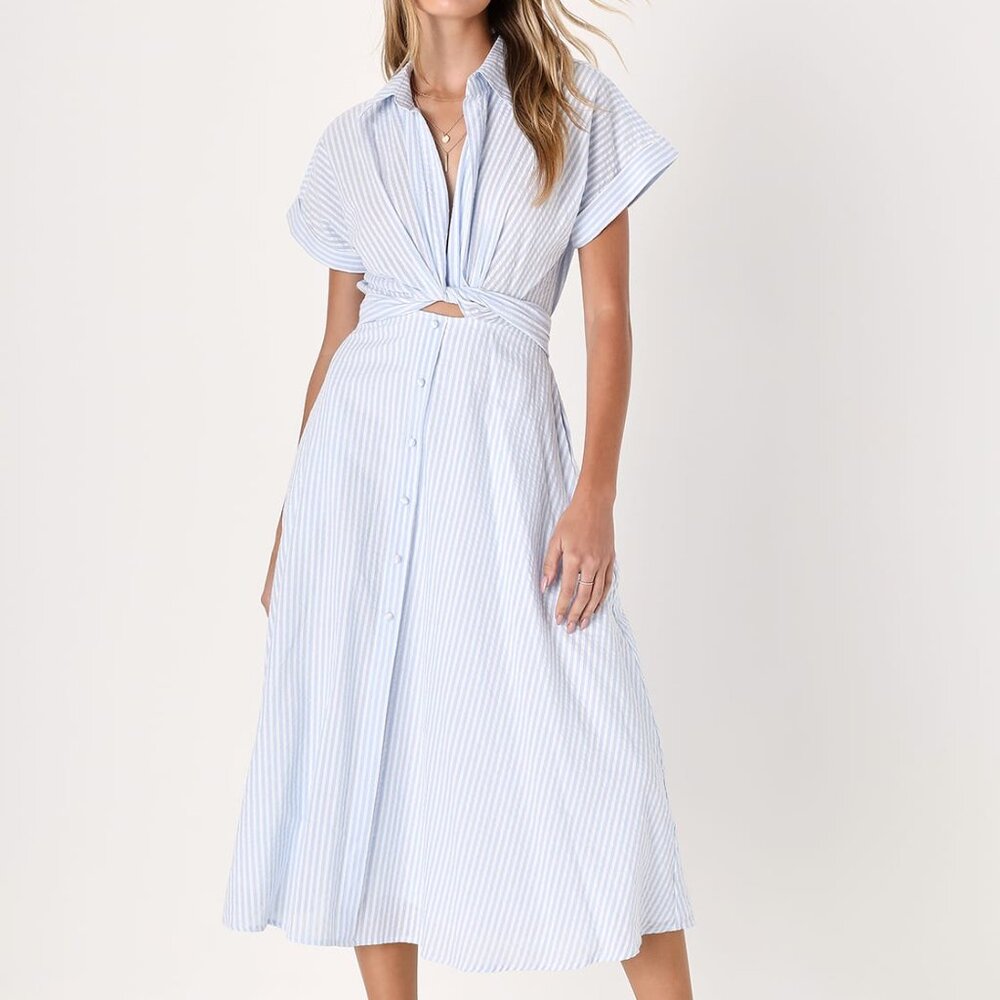 White and Blue Midi Dress with Pockets - Casual & Charming